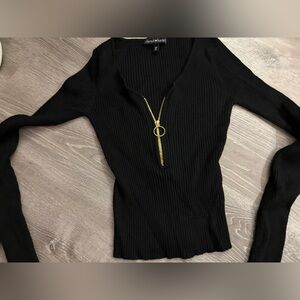 Derek Heart Black Ribbed Top with Gold Zip Detail